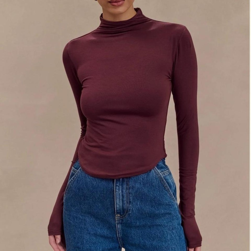 Meshki Ember Modal‎ Long Sleeve High Neck Top Mahogany Brown XS NEW